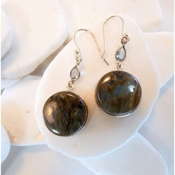 Natural Labradorite Iolite Gemstone Sterling Silver Earrings - Picture 3 of 7